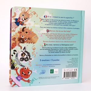 Dos du livre-puzzle Zémotions trilingue avec contenu et infos