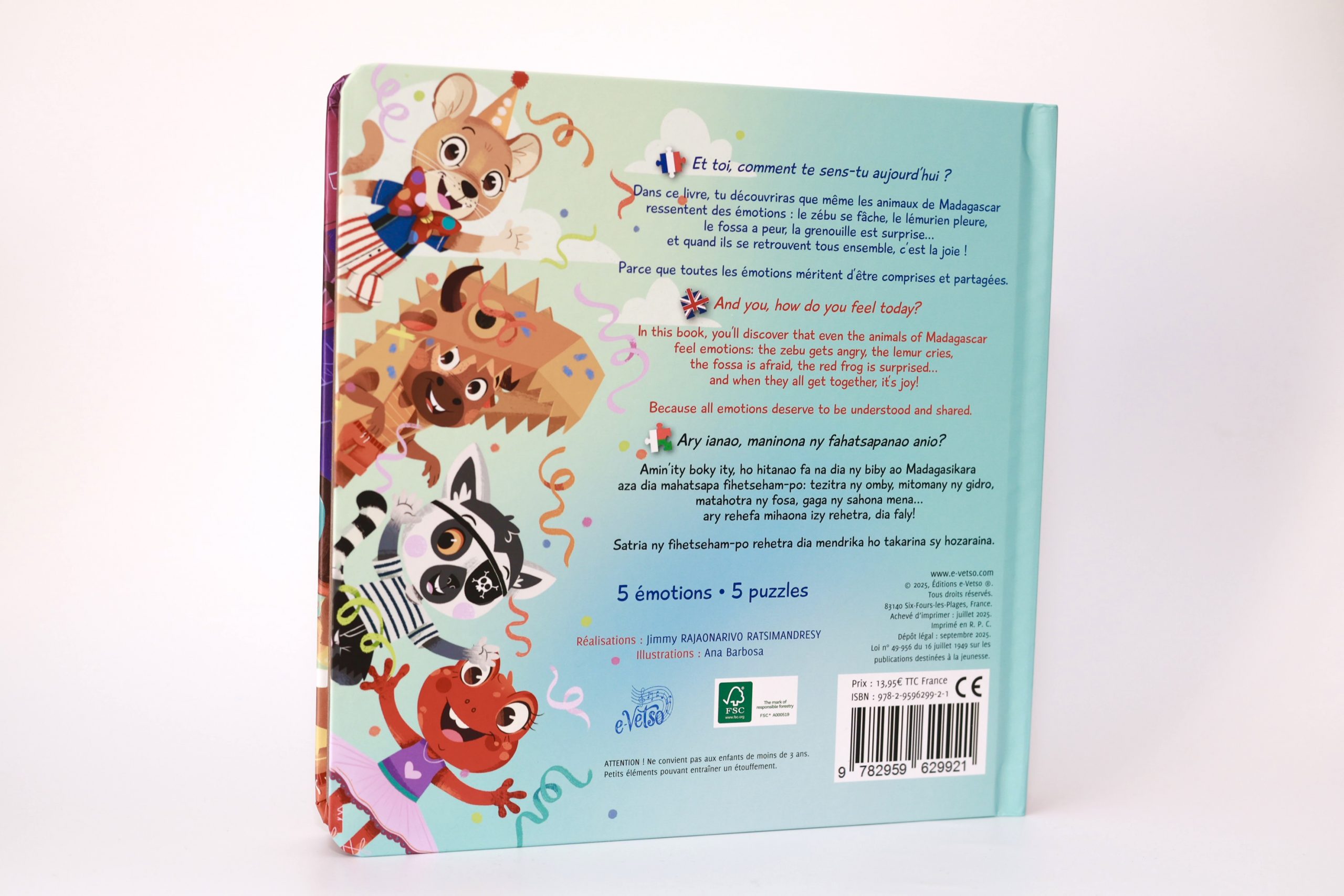 Dos du livre-puzzle Zémotions trilingue avec contenu et infos